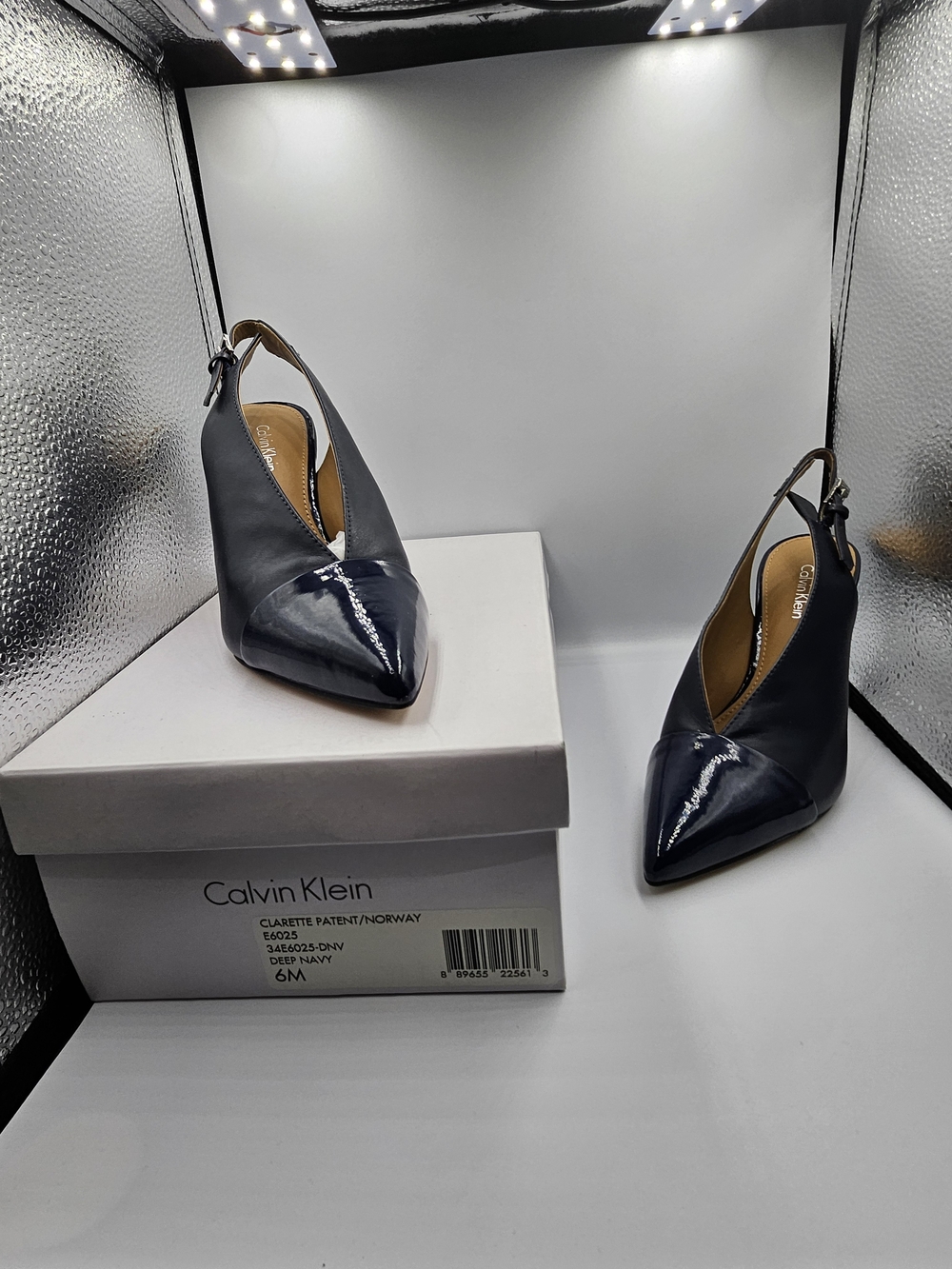 Calvin Klein Navy Pointed Toe Patent-Cap Slingback Heels